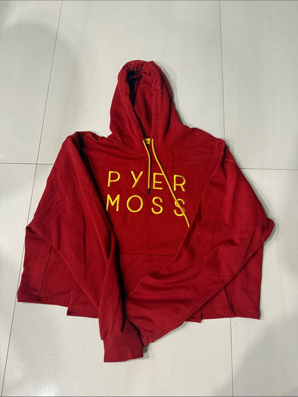 Pyer Moss Red Crewneck Hoodie with Yellow Logo